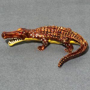 Enameled Alligator Crocodile Trinket Box Rhinestone Hinged Bejeweled